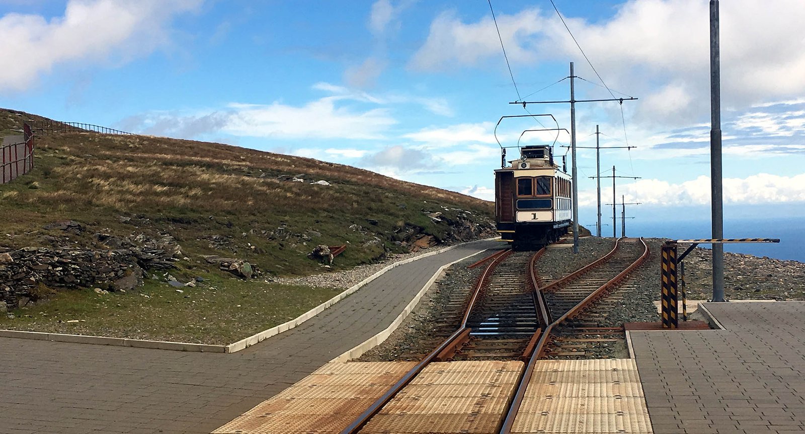 Tram No. 1 arrives at the summit. Isle of Man